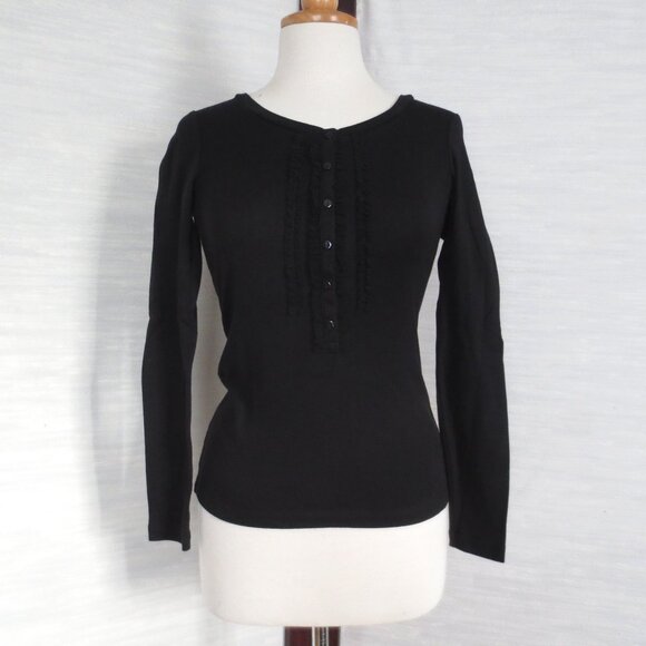 Old Navy Snug Comfy Fit Black Long Sleeve T-Shirt Tee with Ruffle Tuxedo Front - Picture 2 of 5